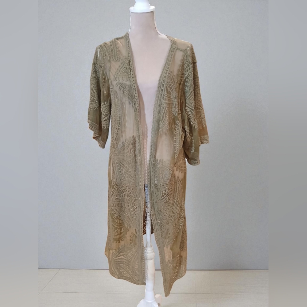 Long Green Open Kimono Lacy Embroidered Whimsical Ethereal Fairy